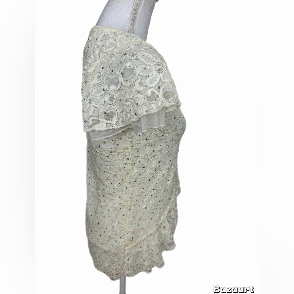 New Directions Women’s Ivory Sequins Top Size PS Short Cap Sleeve - Picture 4 of 6
